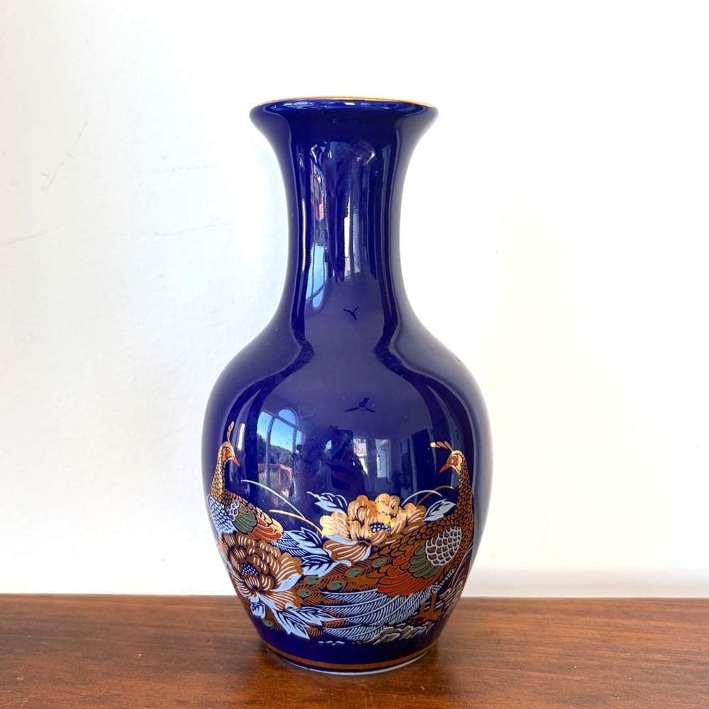 Cobalt Blue Porcelain Peacock Floral Bud Vase with Gold Trim 6.25" Chinoiserie